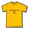 T-Shirt in gold-gelb mit dem Text 1. Zeile in klein: "mir reede meenzerisch" 2. Zeile in groß: "Narhallamarsch" 3. Zeile: Logo von Kultsprache "Wagenrad - wir sind alle Mainzer"