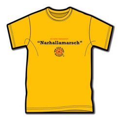 T-Shirt in gold-gelb mit dem Text 1. Zeile in klein: "mir reede meenzerisch" 2. Zeile in groß: "Narhallamarsch" 3. Zeile: Logo von Kultsprache "Wagenrad - wir sind alle Mainzer"