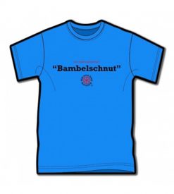 T-Shirt in blau mit dem Text 1. Zeile in klein: "mir reede meenzerisch" 2. Zeile in groß: "Bambelschnut" 3. Zeile: Logo von Kultsprache "Wagenrad - wir sind alle Mainzer"