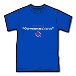 T-Shirt in Royal-Blue mit dem Text 1. Zeile in klein: "mir reede meenzerisch" 2. Zeile in groß: "Owwermaschores" 3. Zeile: Logo von Kultsprache "Wagenrad - wir sind alle Mainzer"