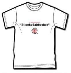 Weißes T-Shirt mit dem Text 1. Zeile in klein: "mir reede meenzerisch" 2. Zeile in groß: "Pitschedabbscher" 3. Zeile: Logo von Kultsprache "Wagenrad - wir sind alle Mainzer"