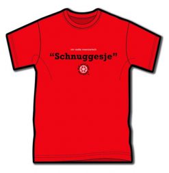Rotes T-Shirt mit dem Text 1. Zeile in klein: "mir reede meenzerisch" 2. Zeile in groß: "Schnuggesje" 3. Zeile: Logo von Kultsprache "Wagenrad - wir sind alle Mainzer"