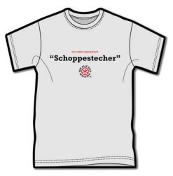 Graues T-Shirt mit dem Text 1. Zeile in klein: "mir reede meenzerisch" 2. Zeile in groß: "Schoppestecher" 3. Zeile: Logo von Kultsprache "Wagenrad - wir sind alle Mainzer"