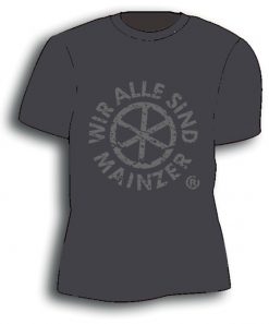 T-Shirt in grauer Farbe mit Motiv "Wagenrad" und um dieses steht "Wir sind alle Mainzer"