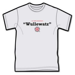 T-Shirt in grau mit dem Text 1. Zeile in klein: "mir reede meenzerisch" 2. Zeile in groß: "Wullewatz" 3. Zeile: Logo von Kultsprache "Wagenrad - wir sind alle Mainzer"